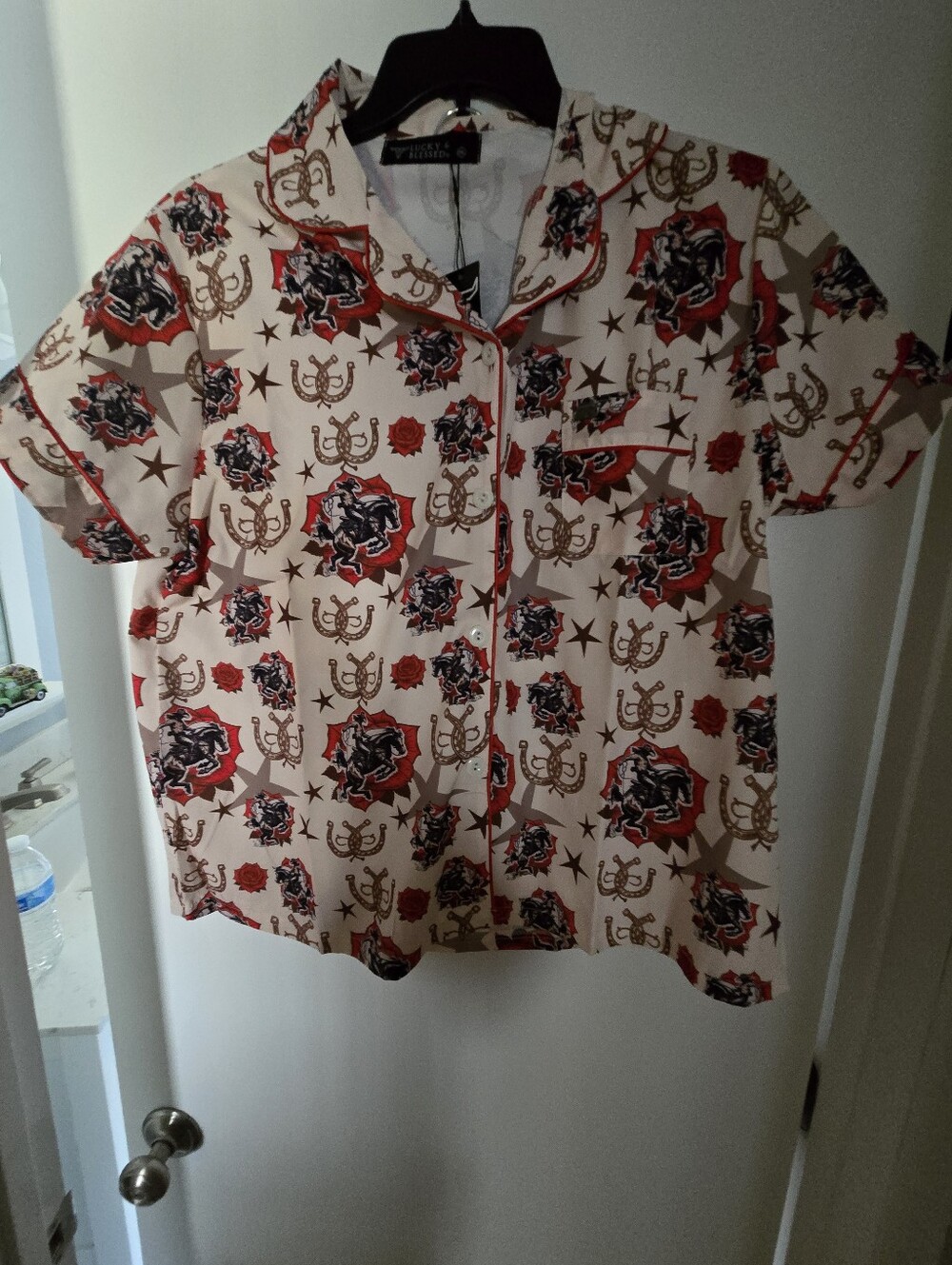 Lucky And Blessed Short Sleeve Button Front PJ in Cream with Red & Black Print